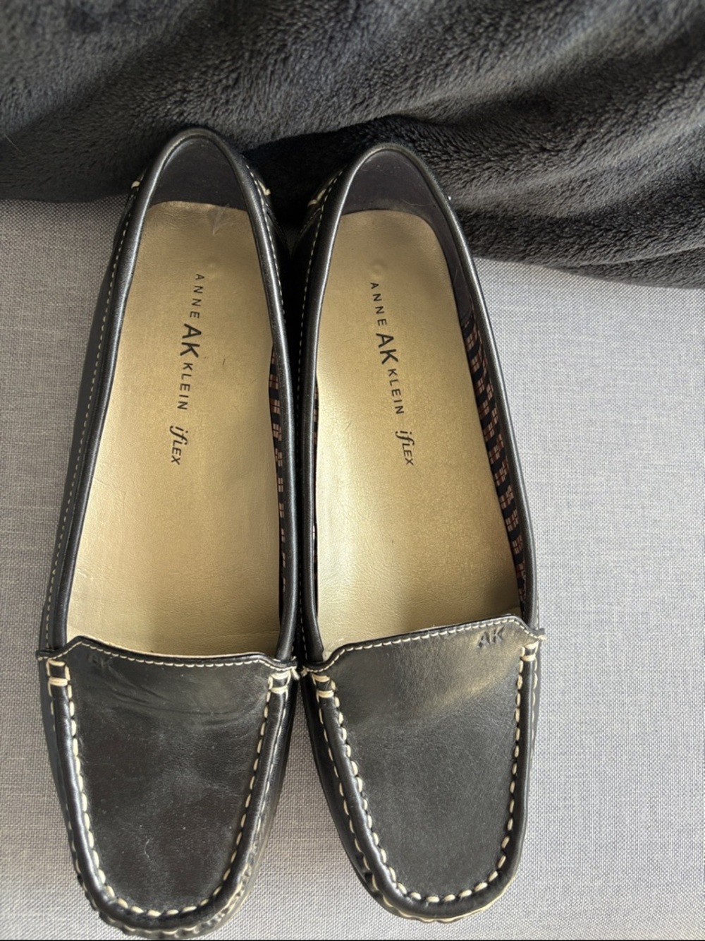 9.5” AK7GABBY Anne Klein Black Leather Slip-On Moccasin Loafer Flat iFlex comfy‎